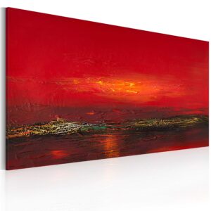 Handgeschilderd schilderij - Rode zonsondergang over de zee