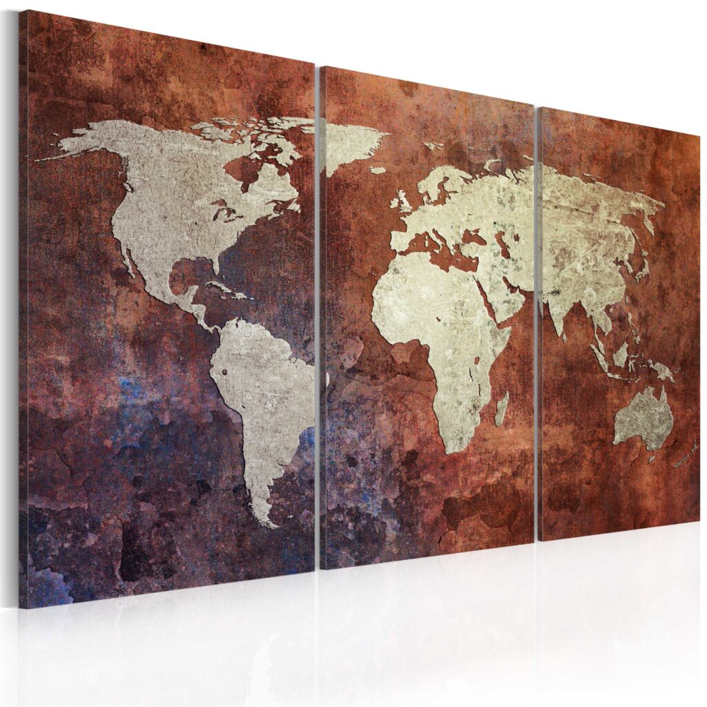 Schilderij - Rusty kaart van de Wereld - drieluik