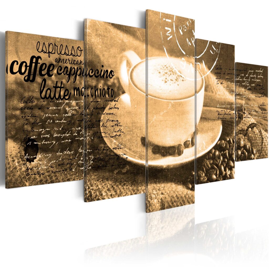 Schilderij - Coffe, Espresso, Cappuccino, Latte machiato ... - sepia