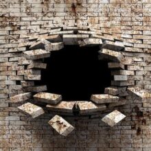 Fotobehang - 3D Wall Entry - Background with Dirty White Brick with a Prominent Hole