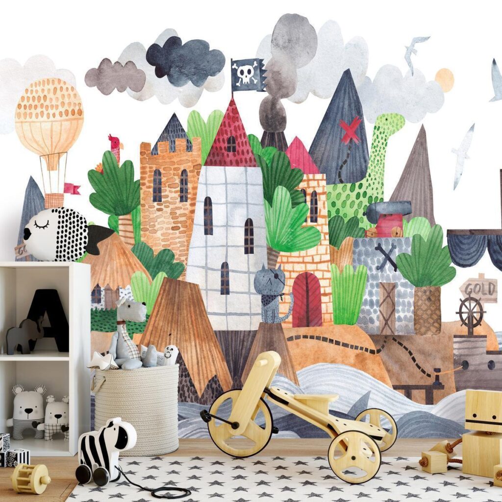 Fotobehang - A colourful treasure island with a castle - a pirate ship at sea for children