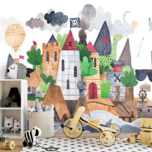 Fotobehang - A colourful treasure island with a castle - a pirate ship at sea for children