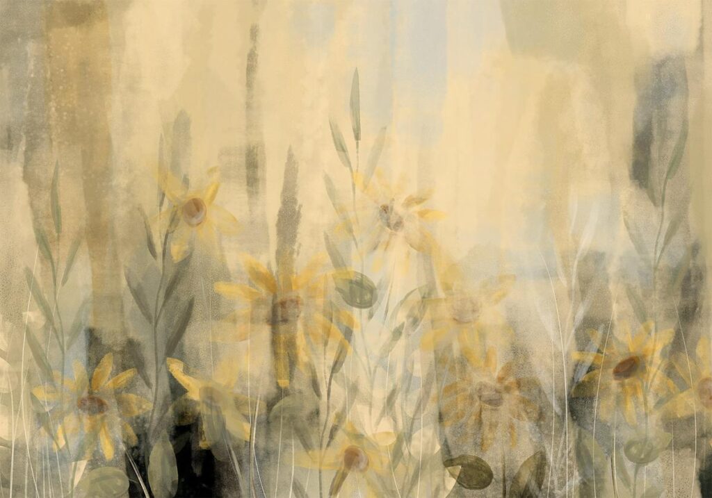 Fotobehang - A touch of summer - floral motif with a meadow full of yellow flowers and grasses