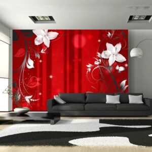 Fotobehang - Abstract in red - white flower motif with patterns and sparkles