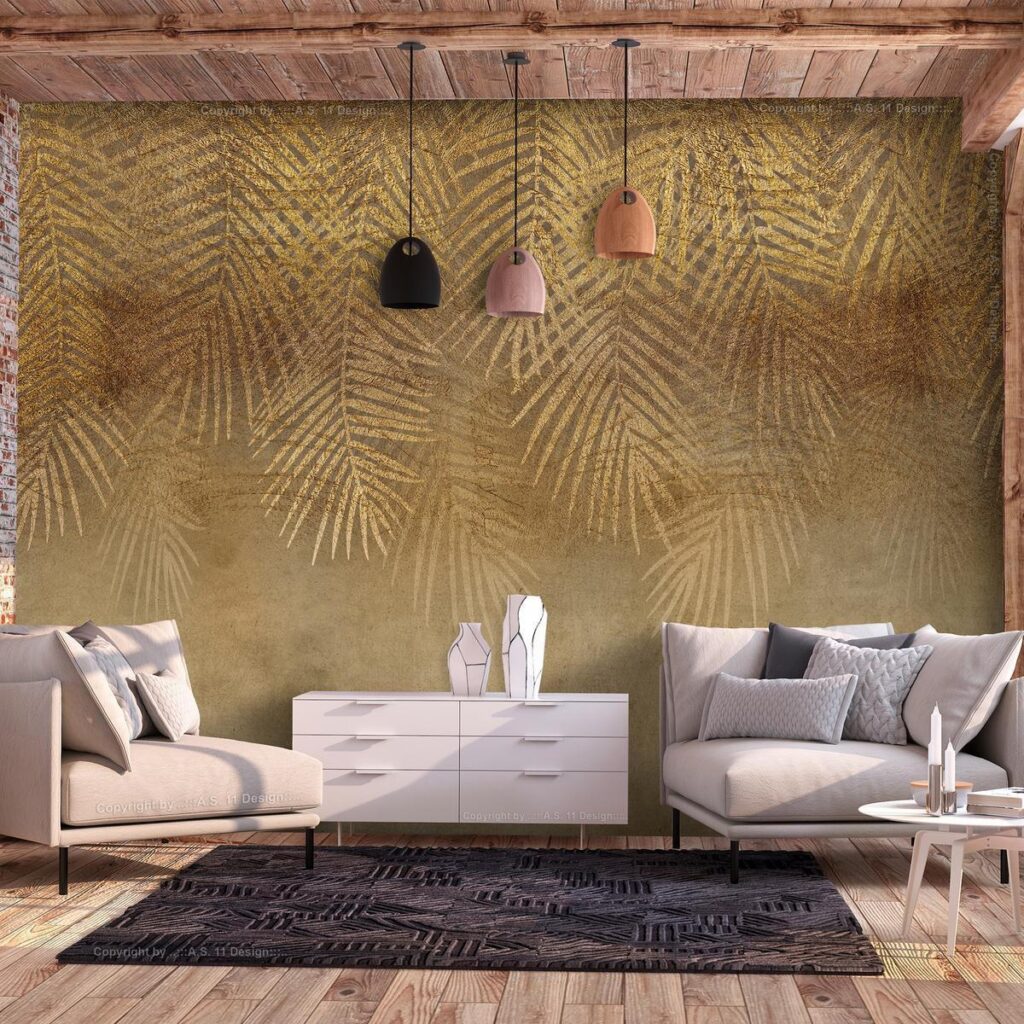 Fotobehang - Abstract nature in beige - composition with golden exotic leaves - Afbeelding 2