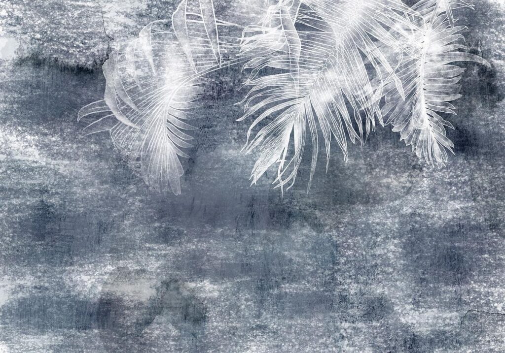 Fotobehang - Abstraction with nature - exotic leaves on a blue background with pattern - Afbeelding 2