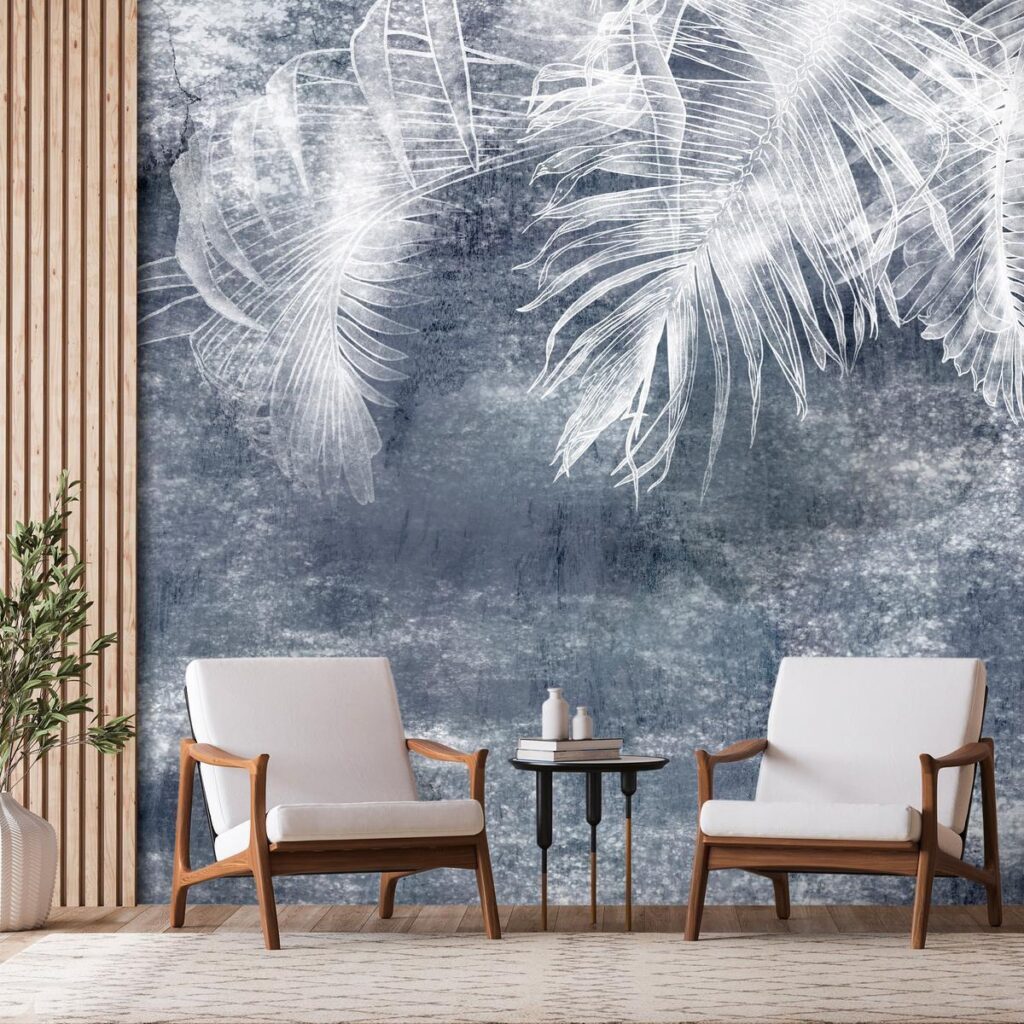 Fotobehang - Abstraction with nature - exotic leaves on a blue background with pattern
