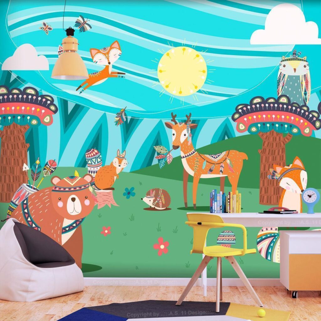 Fotobehang - Adventures in the forest - forest animals in an Indian theme for children - Afbeelding 2