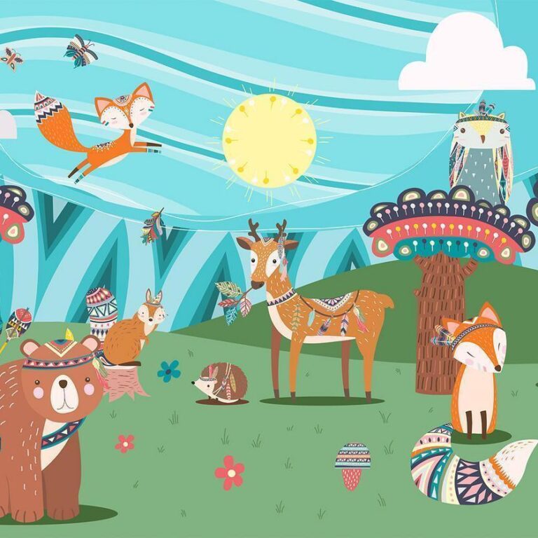 Fotobehang - Adventures in the forest - forest animals in an Indian theme for children