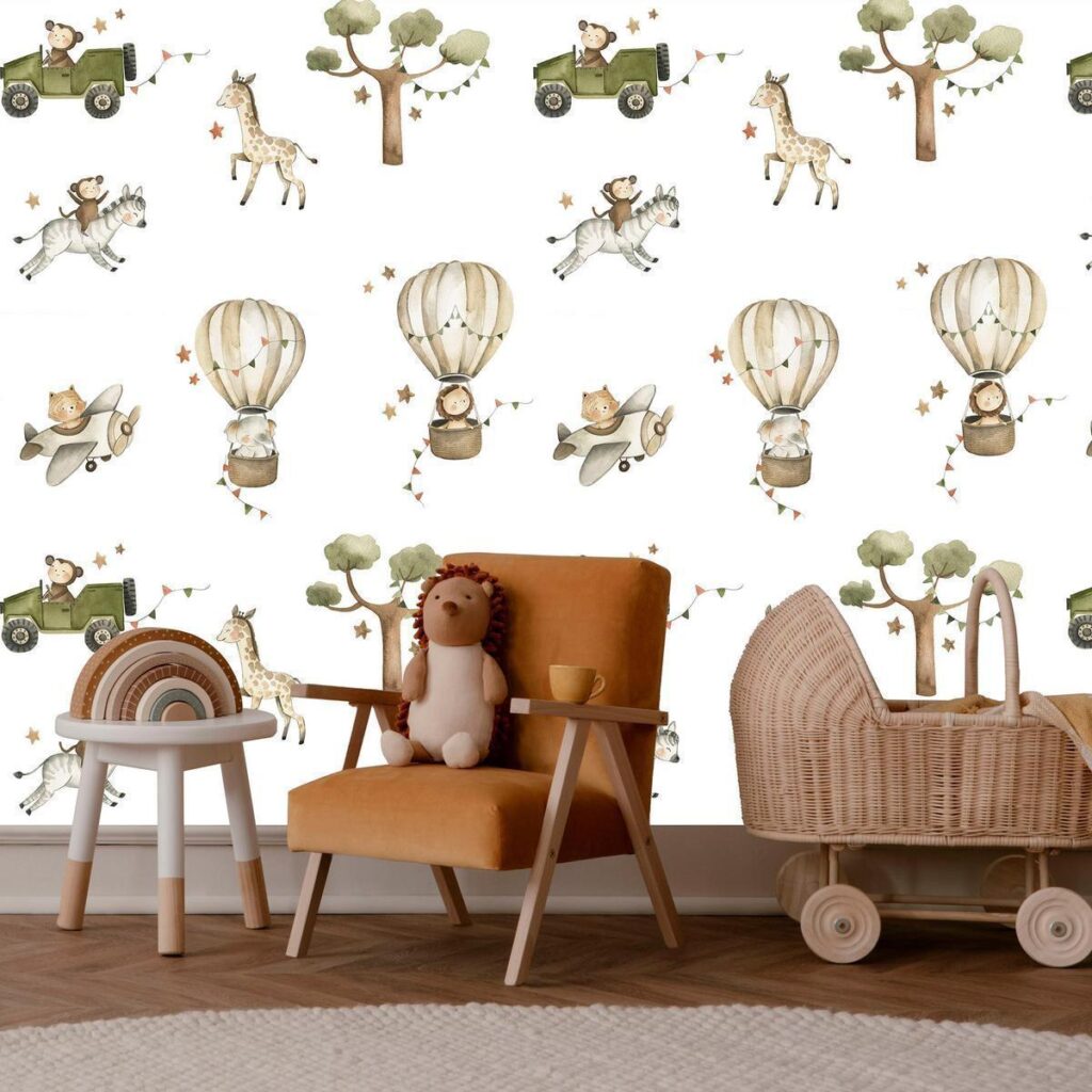 Fotobehang - Africa for Toddler - Animals on Savannah in Watercolour Technique - Afbeelding 2