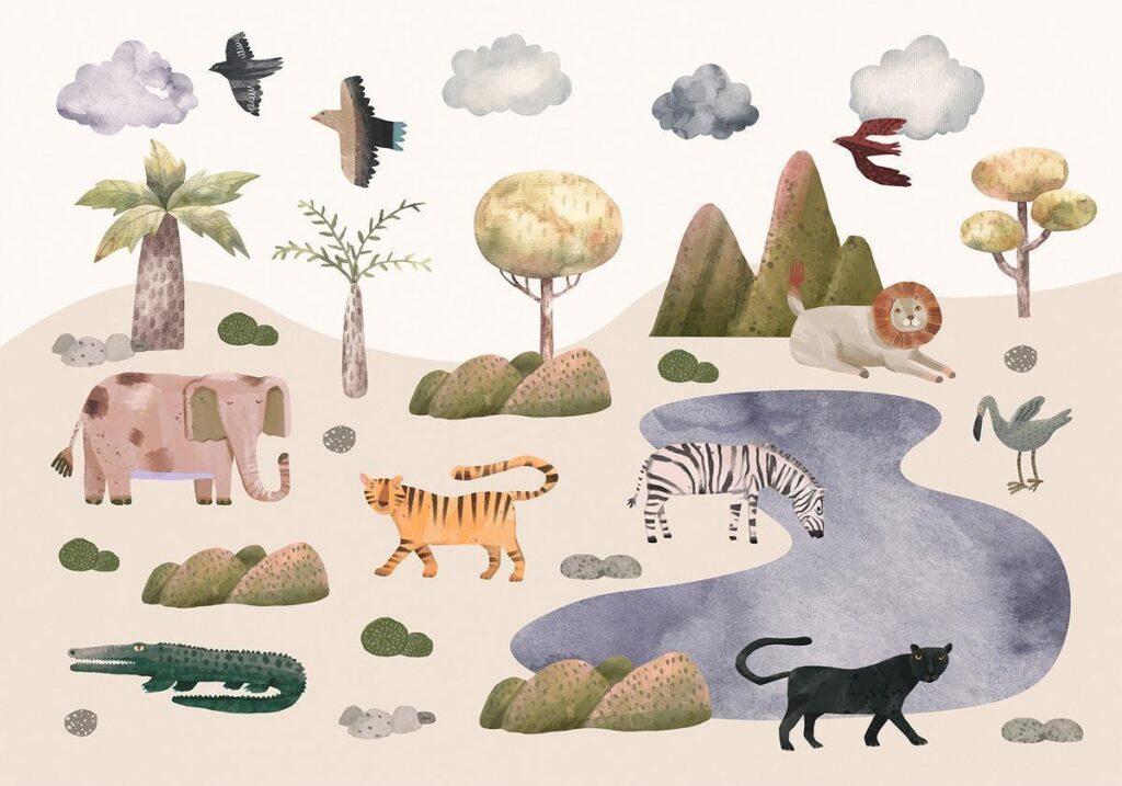 Fotobehang - Africa for Toddlers - Savannah Animals in Pastel Colours