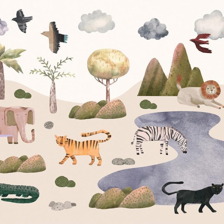 Fotobehang - Africa for Toddlers - Savannah Animals in Pastel Colours