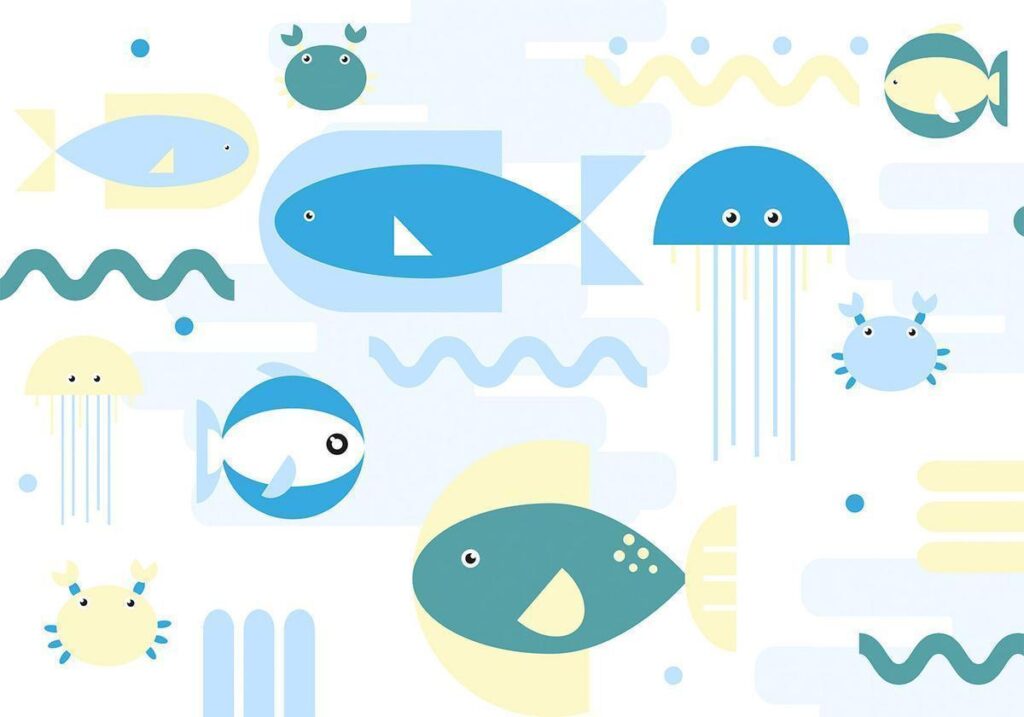 Fotobehang - Animals in the sea - geometric blue fish in water for kids - Afbeelding 2