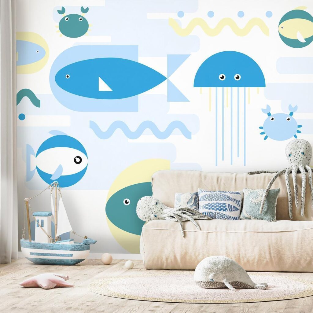 Fotobehang - Animals in the sea - geometric blue fish in water for kids