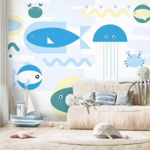 Fotobehang - Animals in the sea - geometric blue fish in water for kids