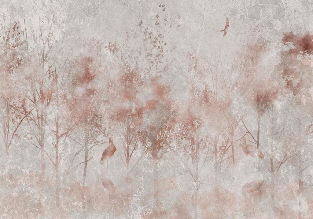 Fotobehang - Autumn landscape - abstract with trees and birds on a textured background - Afbeelding 2
