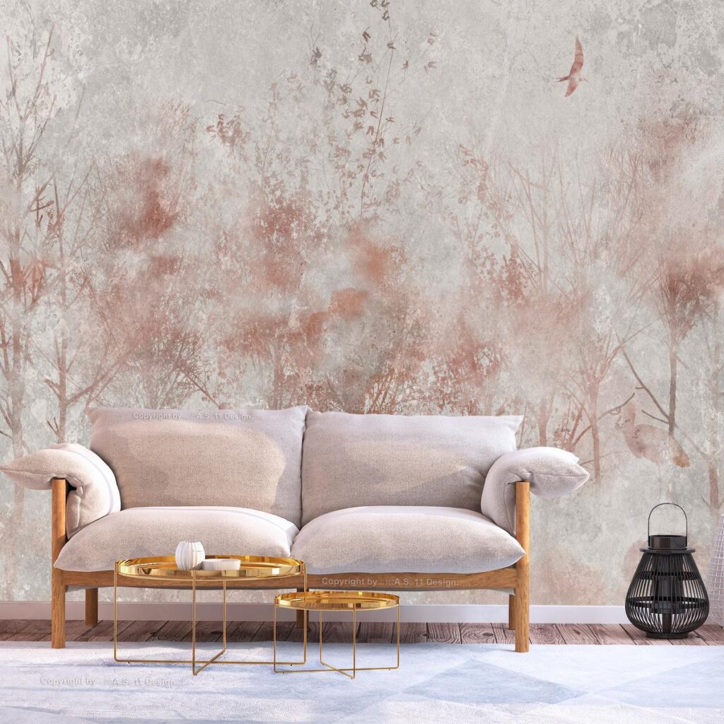 Fotobehang - Autumn landscape - abstract with trees and birds on a textured background