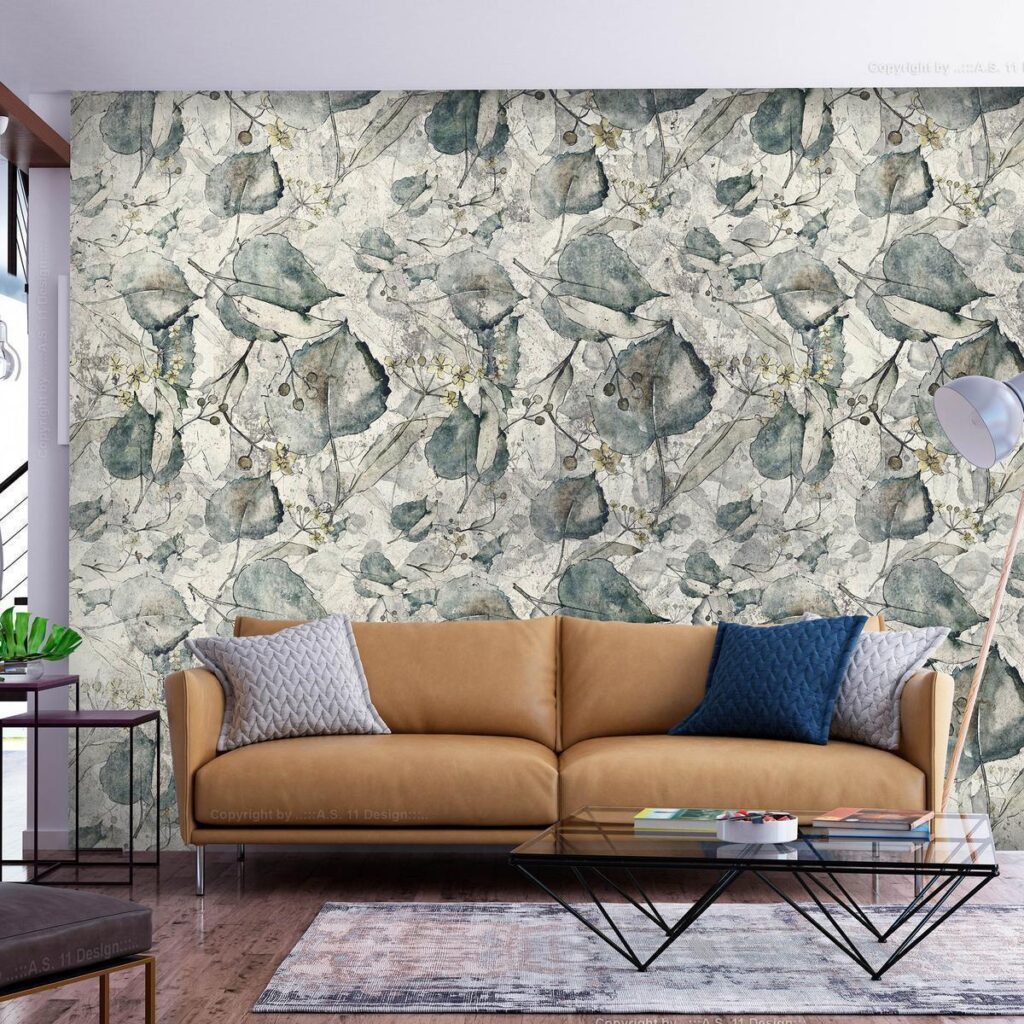 Fotobehang - Autumn souvenirs - cool grey floral pattern with leaves - Afbeelding 2