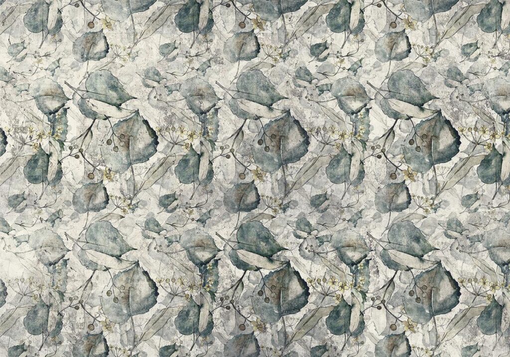 Fotobehang - Autumn souvenirs - cool grey floral pattern with leaves