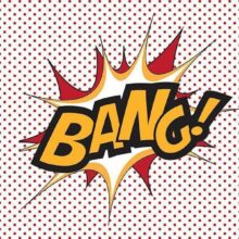 Fotobehang - BANG! - modern motif with yellow text on a background of red dots