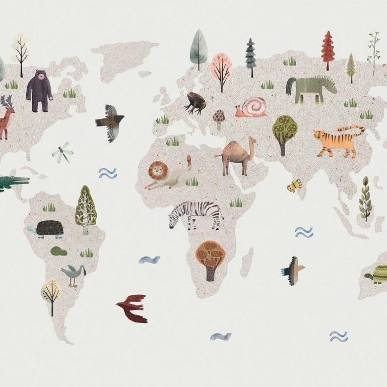 Fotobehang - Beige World - Continents With Animals in Muted Colours