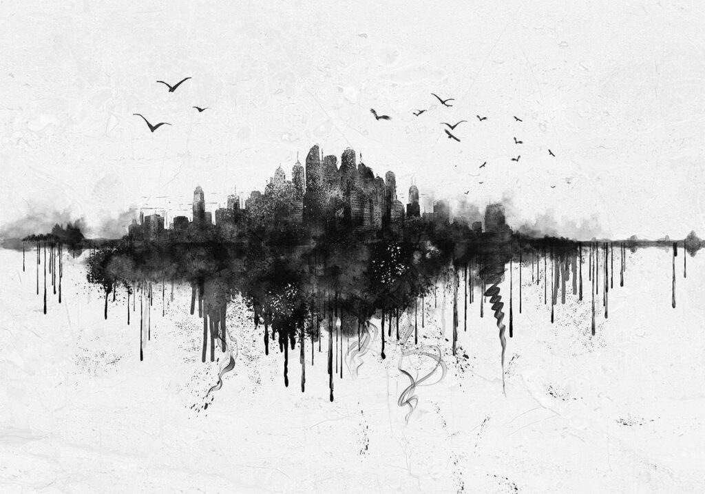 Fotobehang - Big city - abstract city skyline in black watercolour style - Afbeelding 2