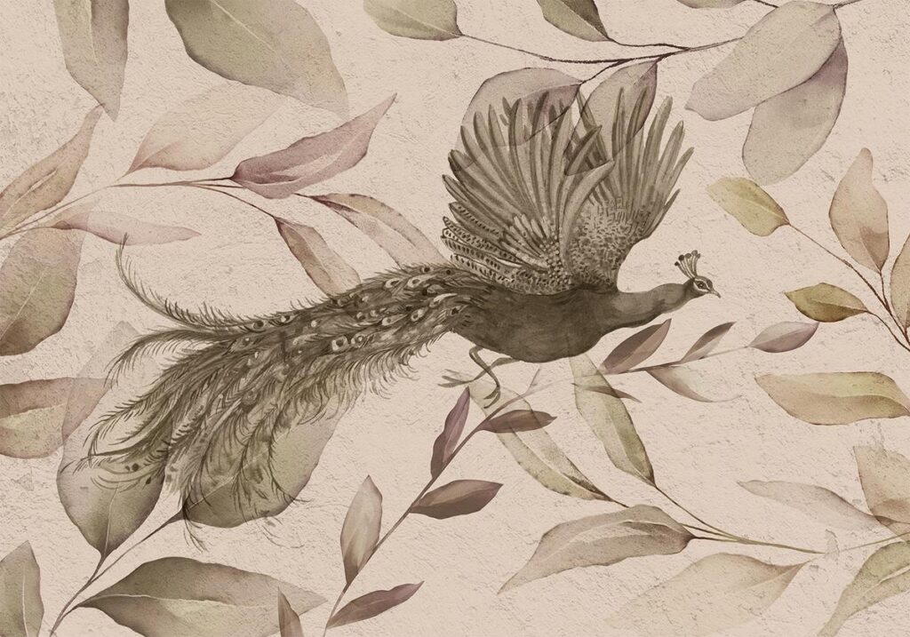 Fotobehang - Bird among the leaves - floral motif with a flying peacock in cool tones - Afbeelding 2