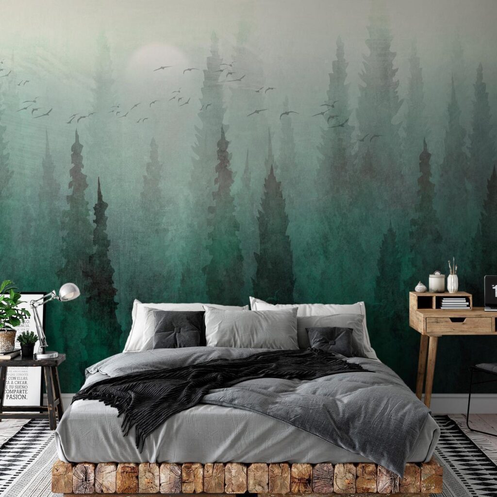Fotobehang - Bird's eye perspective - landscape of a green forest with trees in the mist