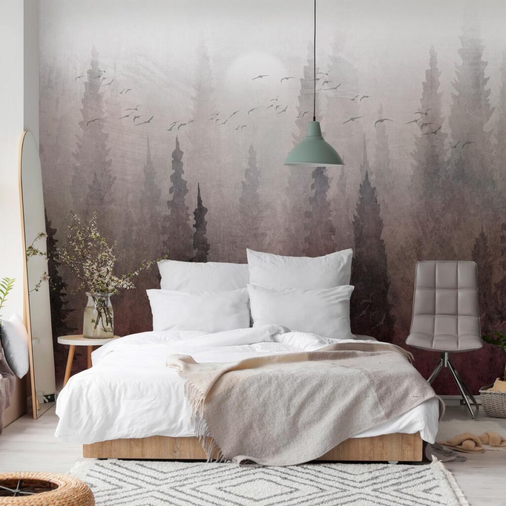 Fotobehang - Bird's flight over treetops - landscape of a dark forest in fog - Afbeelding 2