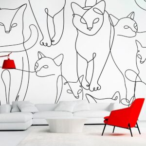 Fotobehang - Cat lineart - minimalist sketches of black cats on white background