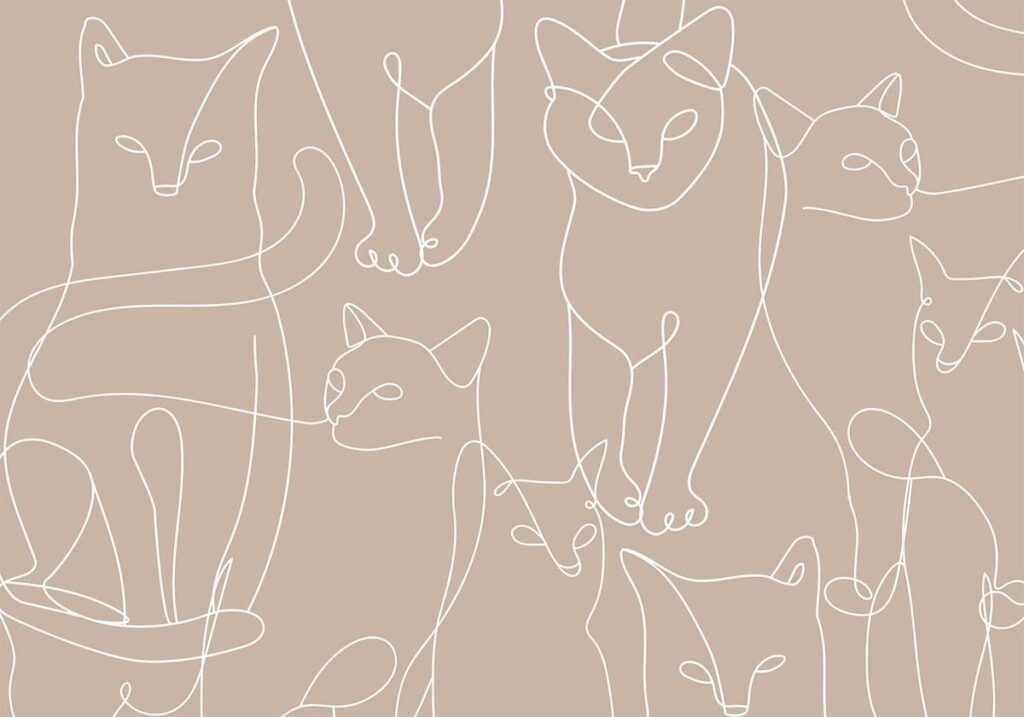 Fotobehang - Cat lineart - minimalist sketches of white cats on beige background - Afbeelding 2