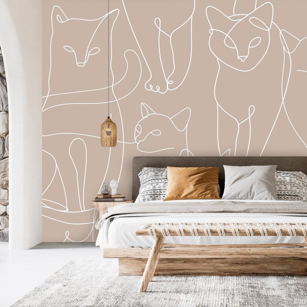 Fotobehang - Cat lineart - minimalist sketches of white cats on beige background