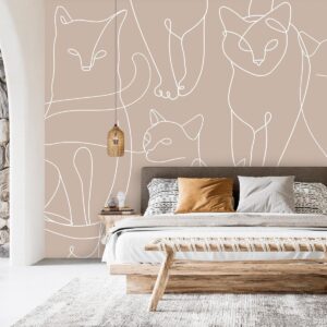 Fotobehang - Cat lineart - minimalist sketches of white cats on beige background