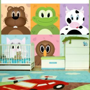 Fotobehang - Cheerful Animals - Various colorful animals: cat, pig for children