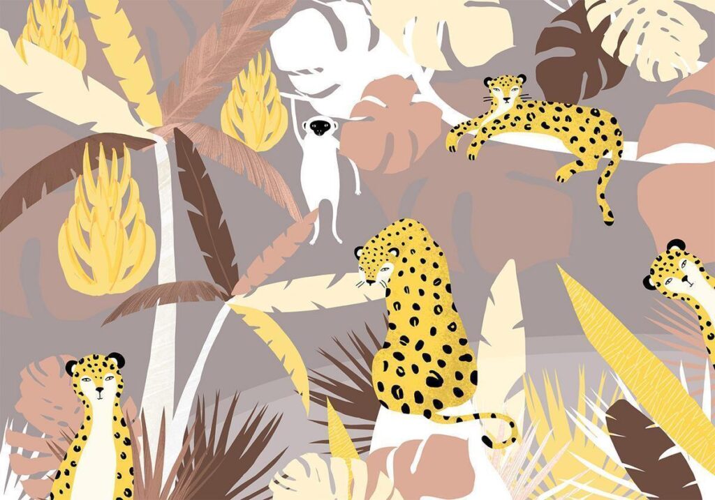 Fotobehang - Cheetahs in the jungle - landscape with exotic animals with palm trees for children - Afbeelding 2