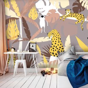 Fotobehang - Cheetahs in the jungle - landscape with exotic animals with palm trees for children