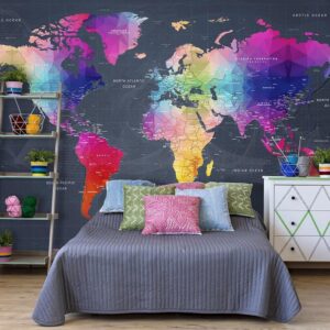 Fotobehang - Coloured world map - geometric outline with inscriptions in English