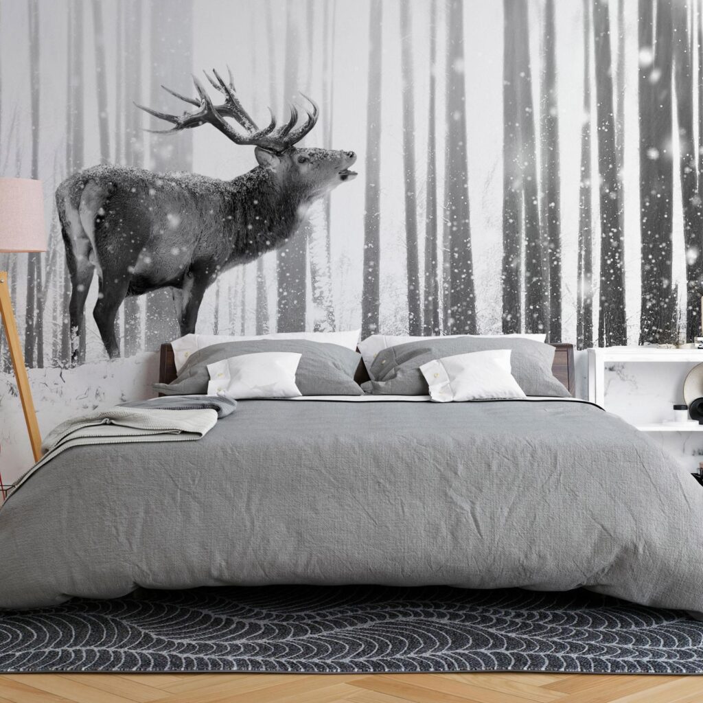 Fotobehang - Deer in the Snow (Black and White) - Afbeelding 2