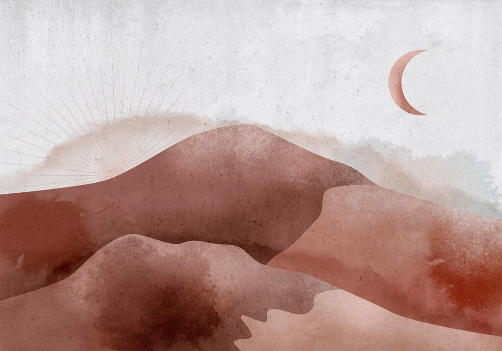 Fotobehang - Desert landscape - desert landscape with moon and sunrise - Afbeelding 2