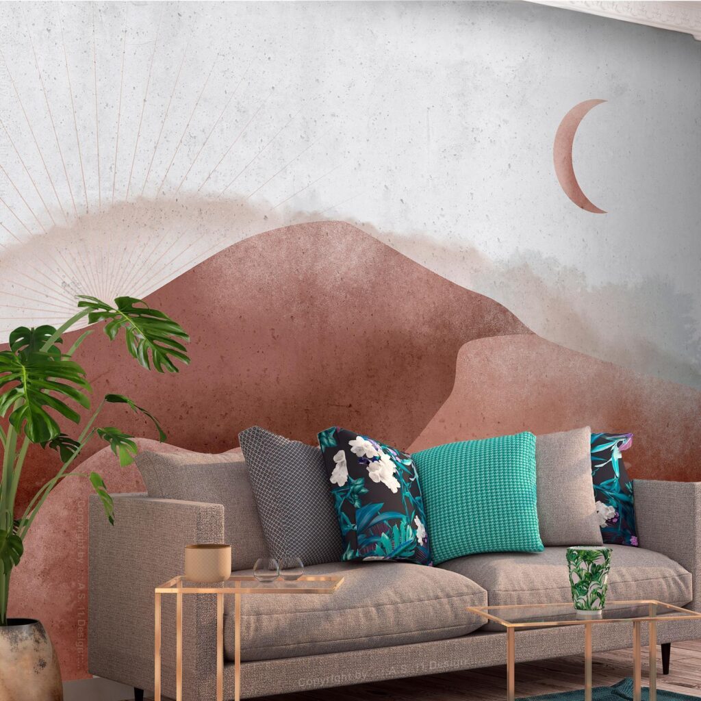 Fotobehang - Desert landscape - desert landscape with moon and sunrise