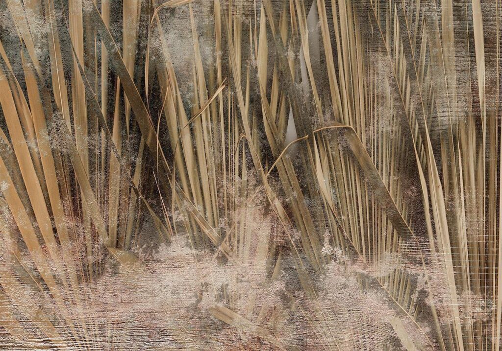 Fotobehang - Dry leaves - landscape of tall grasses in boho style with paint patterns - Afbeelding 2