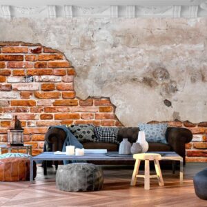 Fotobehang - Eclectic masonry - slabs of textured concrete on a background of red bricks