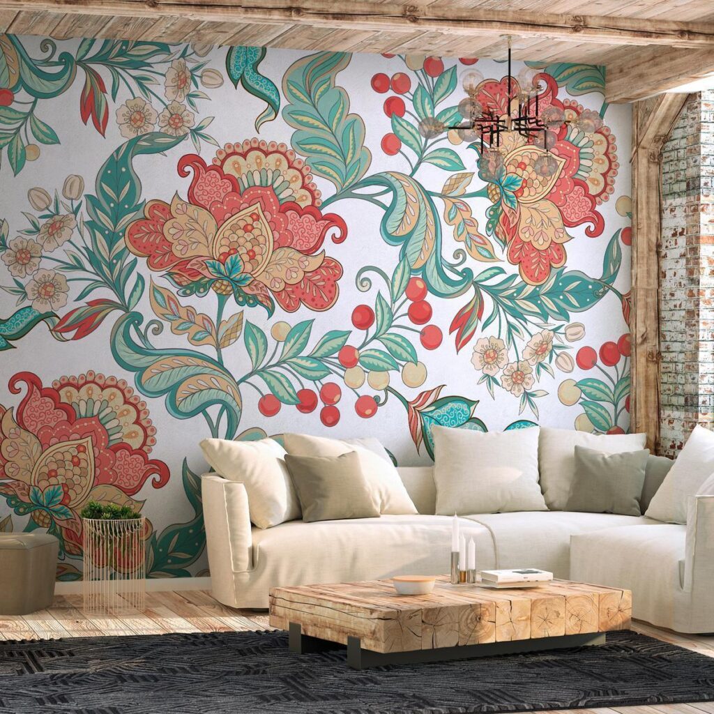 Fotobehang - Ethnic vegetation - plant motif with ornaments in coloured flowers - Afbeelding 2