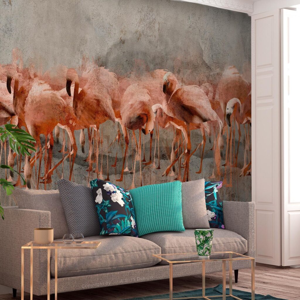 Fotobehang - Exotic birds - pink flamingos with shadow on grey concrete background - Afbeelding 2