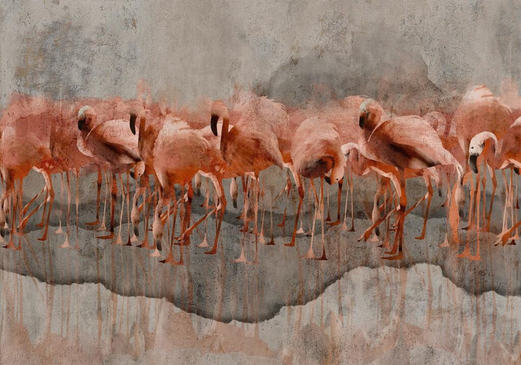Fotobehang - Exotic birds - pink flamingos with shadow on grey concrete background