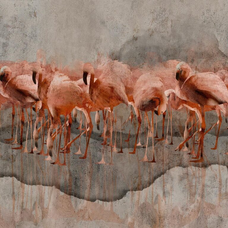 Fotobehang - Exotic birds - pink flamingos with shadow on grey concrete background