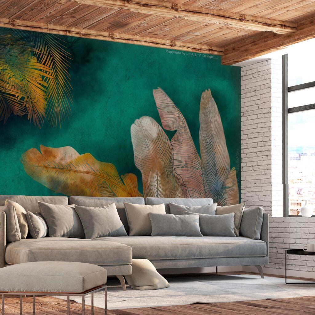 Fotobehang - Exotic jungle - plant motif with reflected leaves on a green background - Afbeelding 2