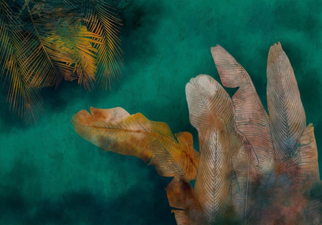 Fotobehang - Exotic jungle - plant motif with reflected leaves on a green background