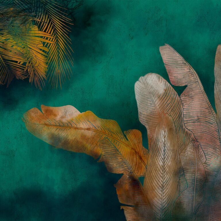 Fotobehang - Exotic jungle - plant motif with reflected leaves on a green background