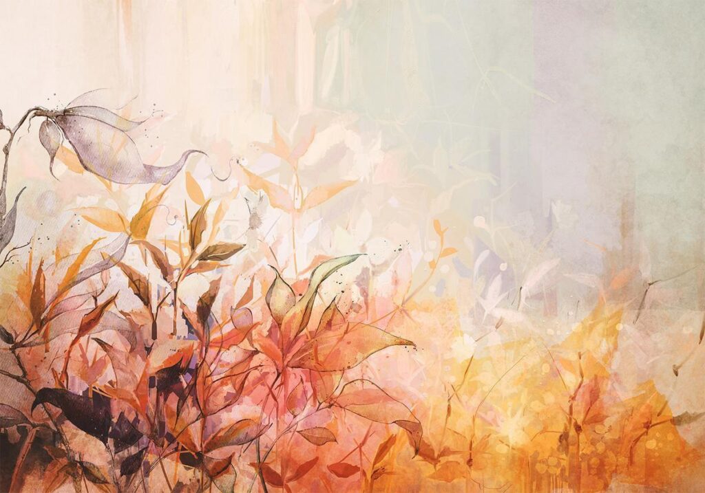 Fotobehang - Flaming meadow - nature landscape with meadow of flowers and leaves in watercolour style - Afbeelding 2